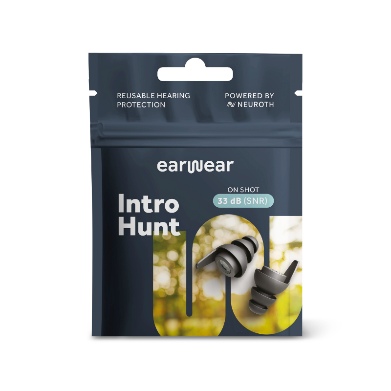 Produktverpackung von „earwear Intro Hunt“ mit grauen, wiederverwendbaren Ohrstöpseln und Angabe von 33 dB Geräuschreduktion.