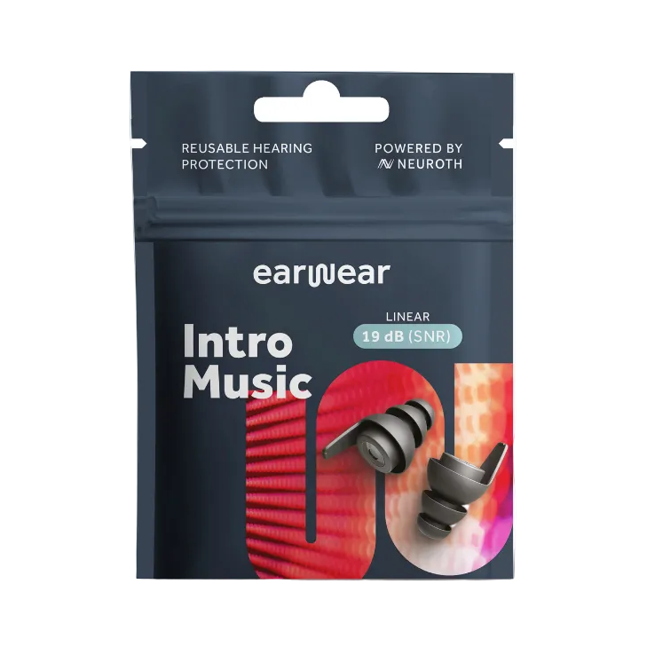 Produktverpackung von „earwear Intro Music“ mit grauen, wiederverwendbaren Ohrstöpseln und Angabe von 19 dB Geräuschreduktion.