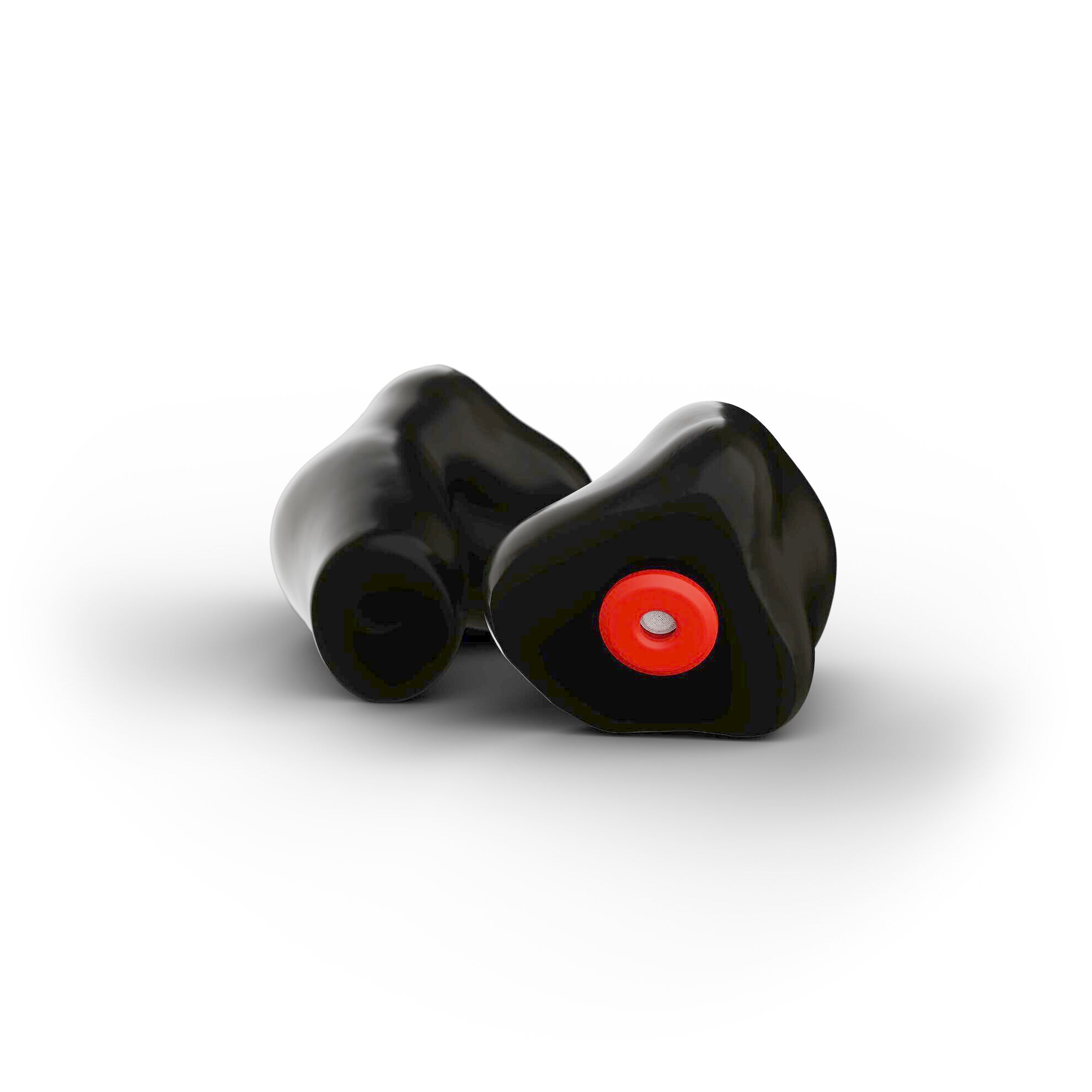 Schwarzer maßgefertigter Industrie-Gehörschutz „Soundsaver X“ aus robustem Acrylat mit rotem Filter, geprüft und zertifiziert für zuverlässigen Lärmschutz in lauten Arbeitsumgebungen.
