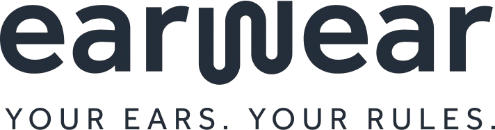 Logo von earwear mit dem Slogan 'YOUR EARS. YOUR RULES.', moderner Schriftzug in dunkelgrauer Farbe.