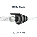 Technische Darstellung der schwarzen Ohrstöpsel 'Intro Road' mit einer Geräuschreduzierung von 24 dB (SNR). Der integrierte Filter minimiert effektiv Wind- und Motorgeräusche, während wichtige Verkehrs- und Umgebungsgeräusche weiterhin hörbar bleiben – optimal für Motorradfahrer.