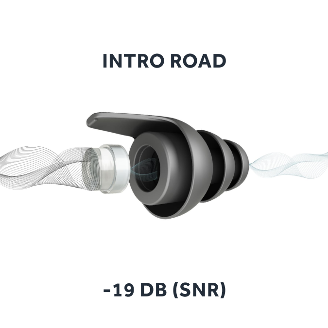 Technische Darstellung der schwarzen Ohrstöpsel 'Intro Road' mit einer Geräuschreduzierung von 24 dB (SNR). Der integrierte Filter minimiert effektiv Wind- und Motorgeräusche, während wichtige Verkehrs- und Umgebungsgeräusche weiterhin hörbar bleiben – optimal für Motorradfahrer.
