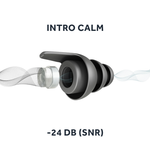 Technische Darstellung der schwarzen Ohrstöpsel 'Intro Calm', die eine Geräuschreduktion von 24 dB (SNR) bieten. Das Bild zeigt, wie der eingebaute Filter störende Geräusche dämpft und angenehme, klare Klänge durchlässt. Ideal für konzentriertes Arbeiten und ruhige Umgebungen.
