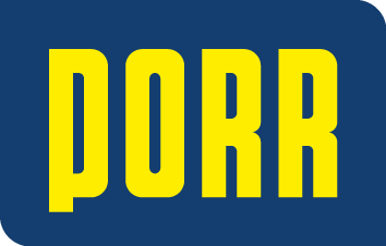 porr logo – referenzpartner von earwear im b2b bereich. zusammenarbeit für gehörschutzlösungen und arbeitssicherheit auf baustellen und in der industrie.